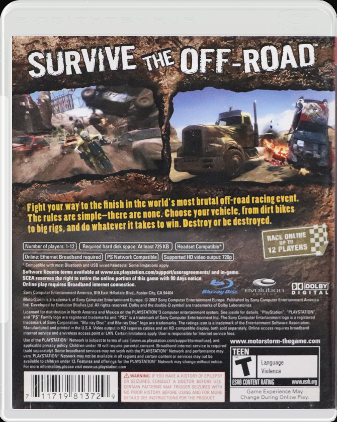 MotorStorm PS3 back side cover case