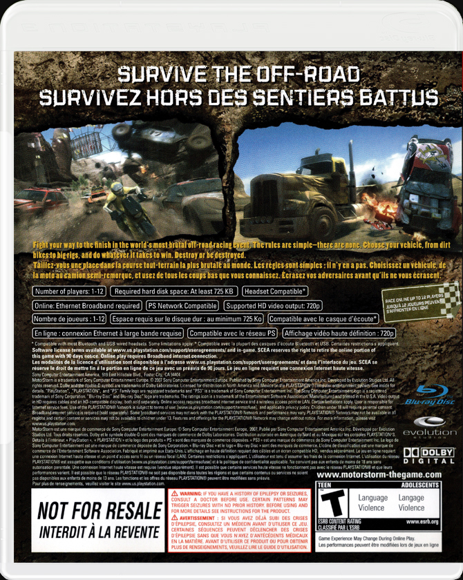 MotorStorm not for resale PS3 back side cover case