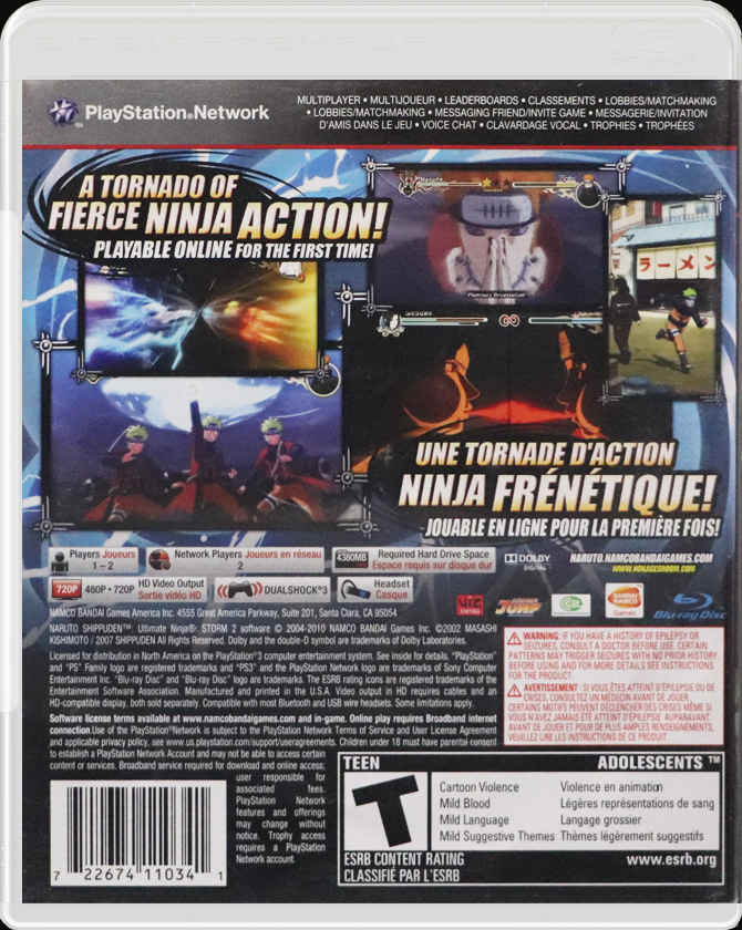 Naruto Shippuden Ultimate Ninja Storm 2 PS3 back side cover case