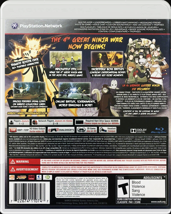 Naruto Shippuden Ultimate Ninja Storm 3 PS3 back side cover case