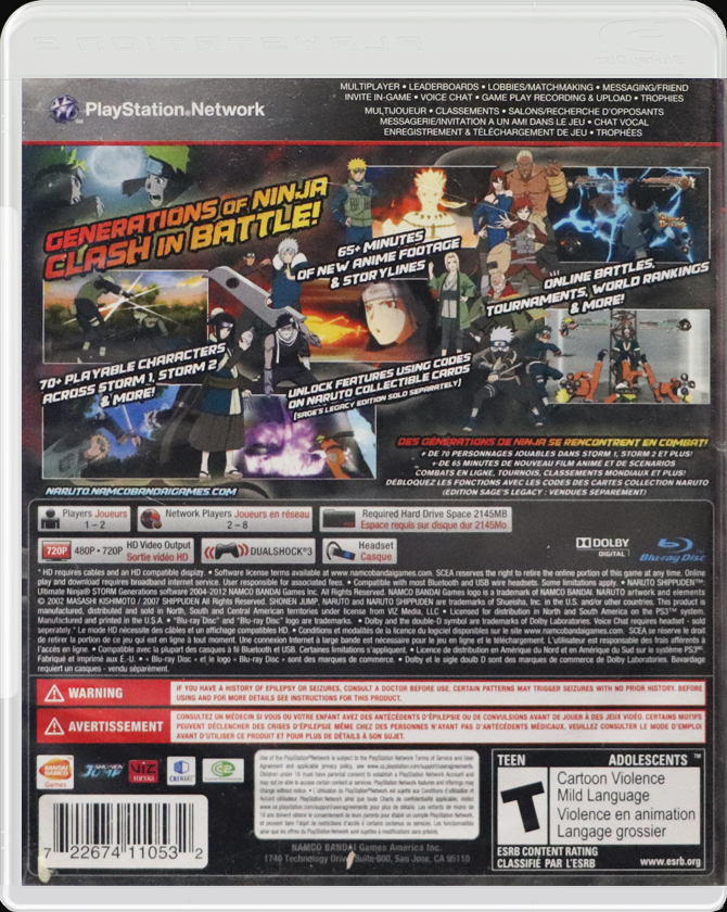 Naruto Shippuden Ultimate Ninja Storm Generations PS3 back side cover case