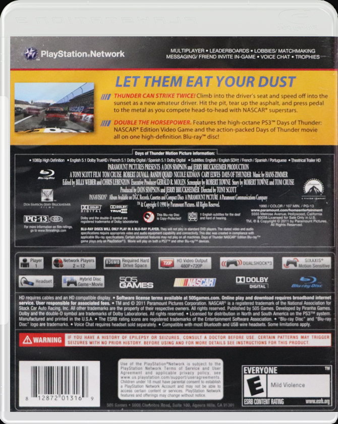 NASCAR Edition Days of Thunder PS3 back side cover case