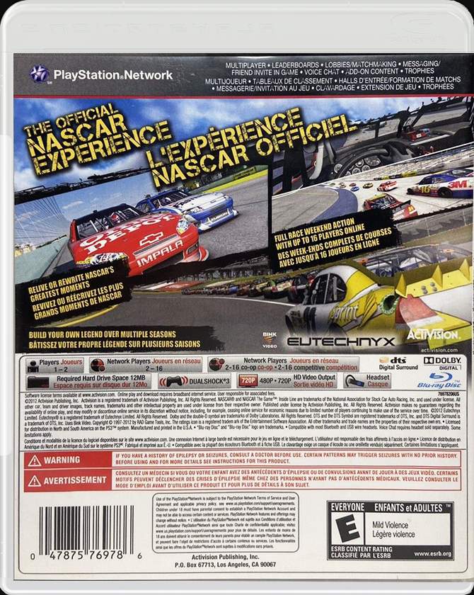 NASCAR The Game Inside Line PS3 back side cover case