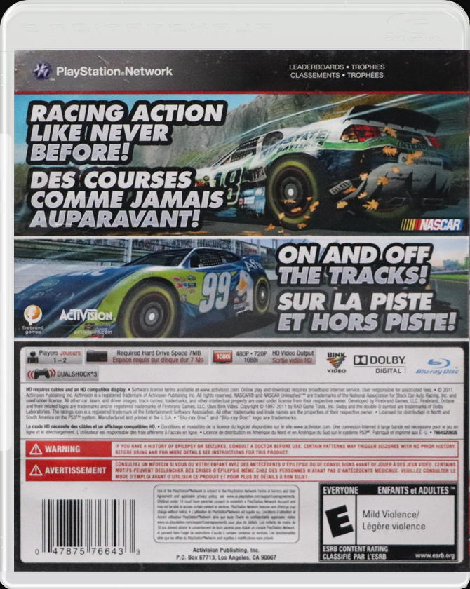 NASCAR Unleashed PS3 back side cover case