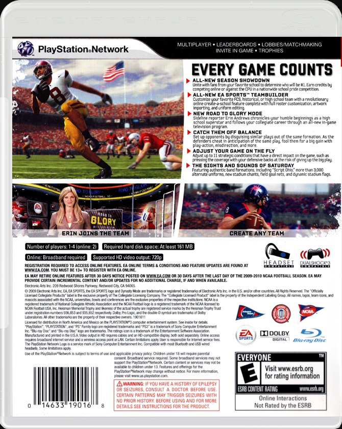 NCAA Football 10 PS3 back side cover case