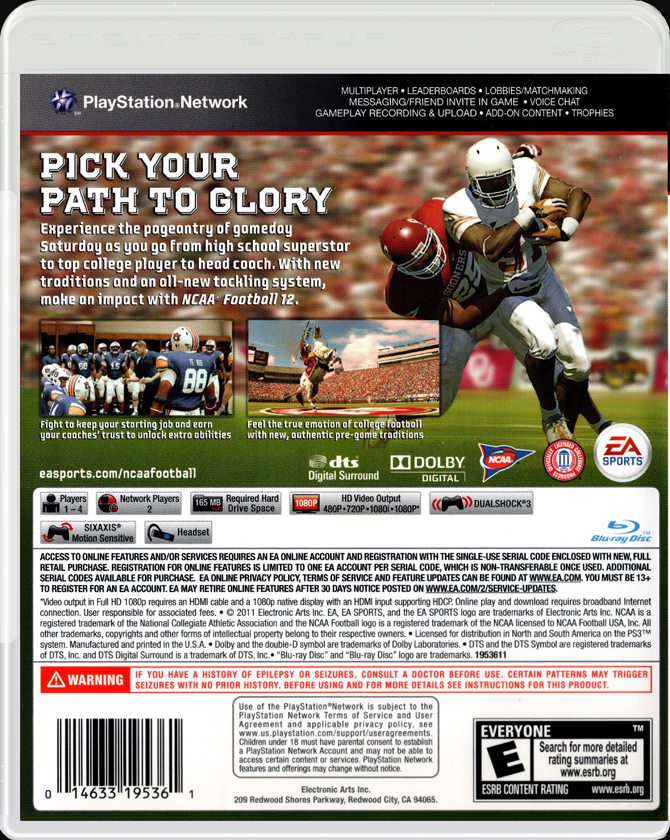 NCAA Football 12 PS3 back side cover case