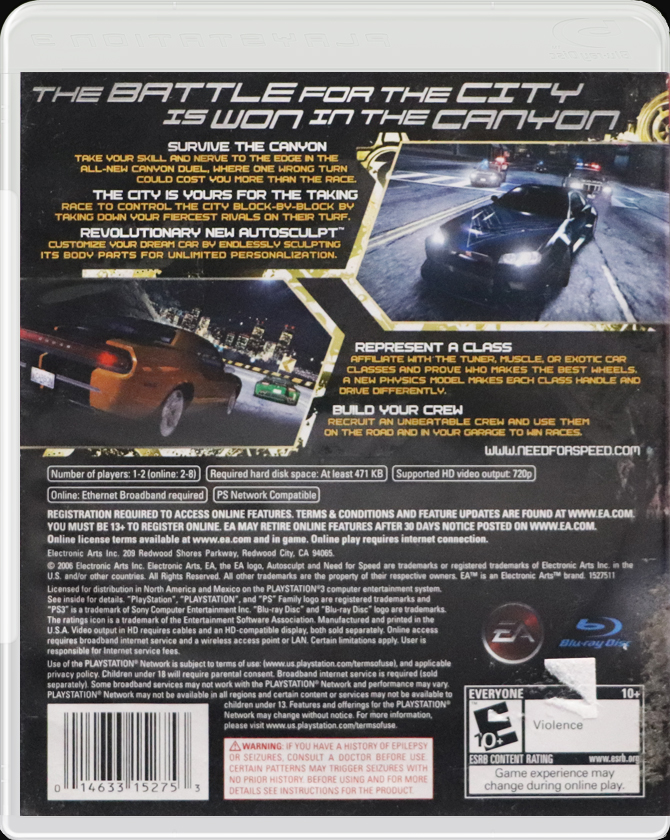 Need for Speed Carbon PS3 back side cover case