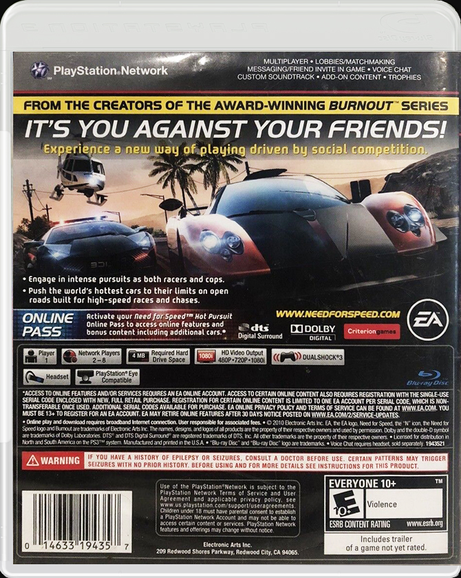 Need for Speed: Hot Pursuit PS3 back side cover case