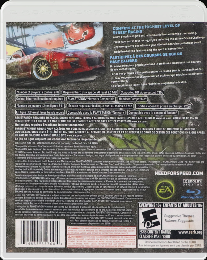 Need for Speed: ProStreet PS3 back side cover case