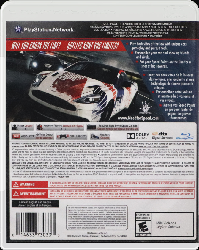 Need for Speed Rivals PS3 back side cover case