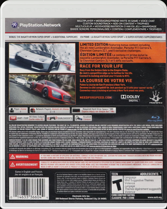 Need for Speed: The Run Limited Edition PS3 back side cover case