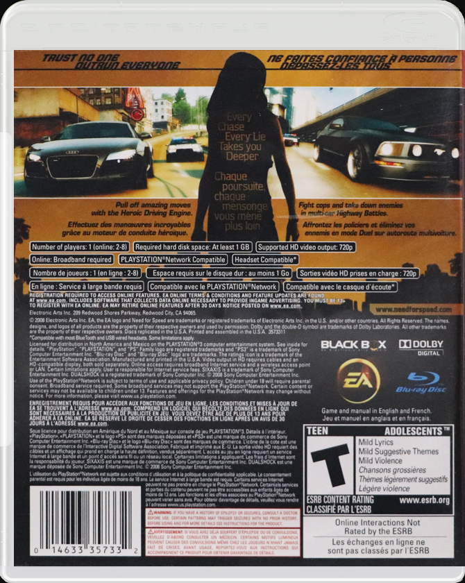 Need for Speed: Undercover PS3 back side cover case