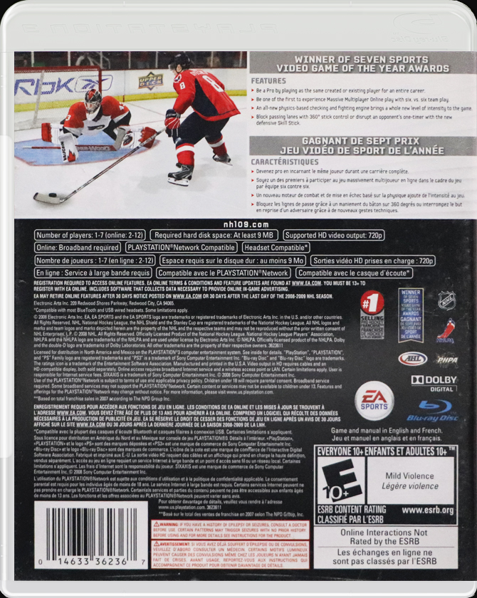 NHL 09 PS3 back side cover case