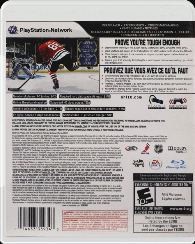 NHL 10 PS3 back side cover case