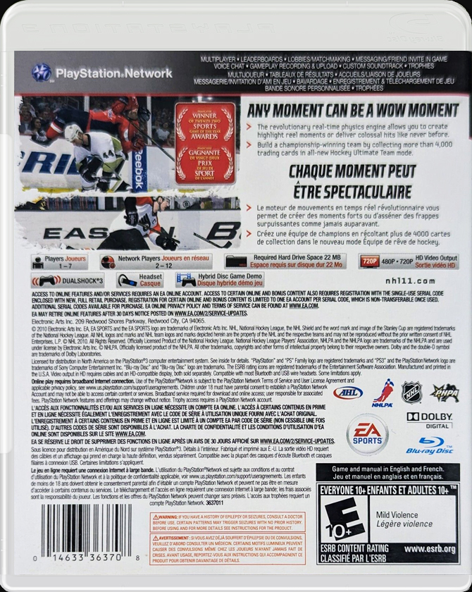 NHL 11 PS3 back side cover case