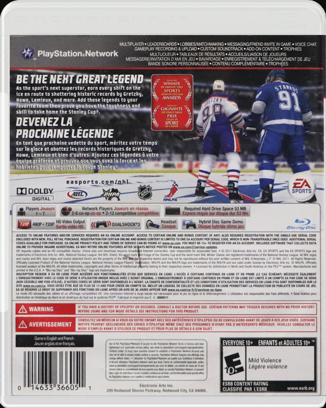 NHL 12 PS3 back side cover case