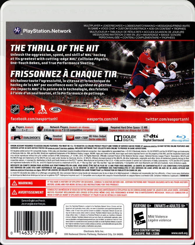 NHL 14 PS3 back side cover case