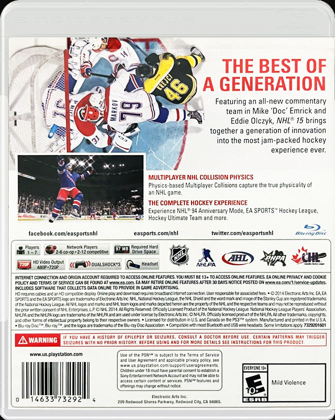 NHL 15 PS3 back side cover case