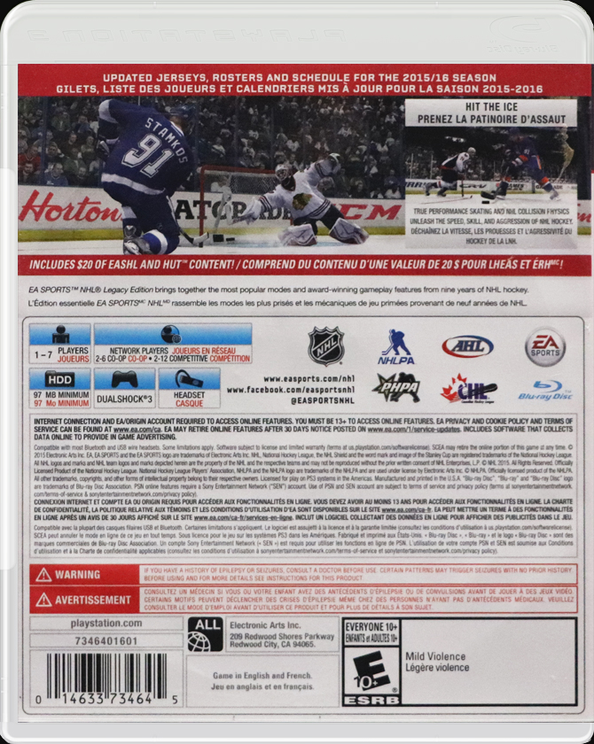 EA Sports NHL Legacy Edition PS3 back side cover case