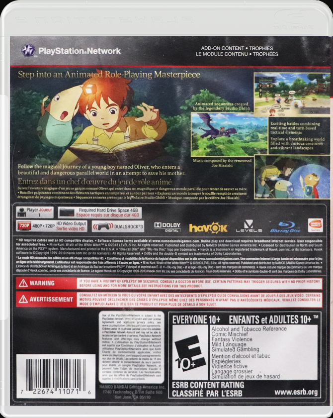 Ni no Kuni: Wrath of the White Witch PS3 back side cover case