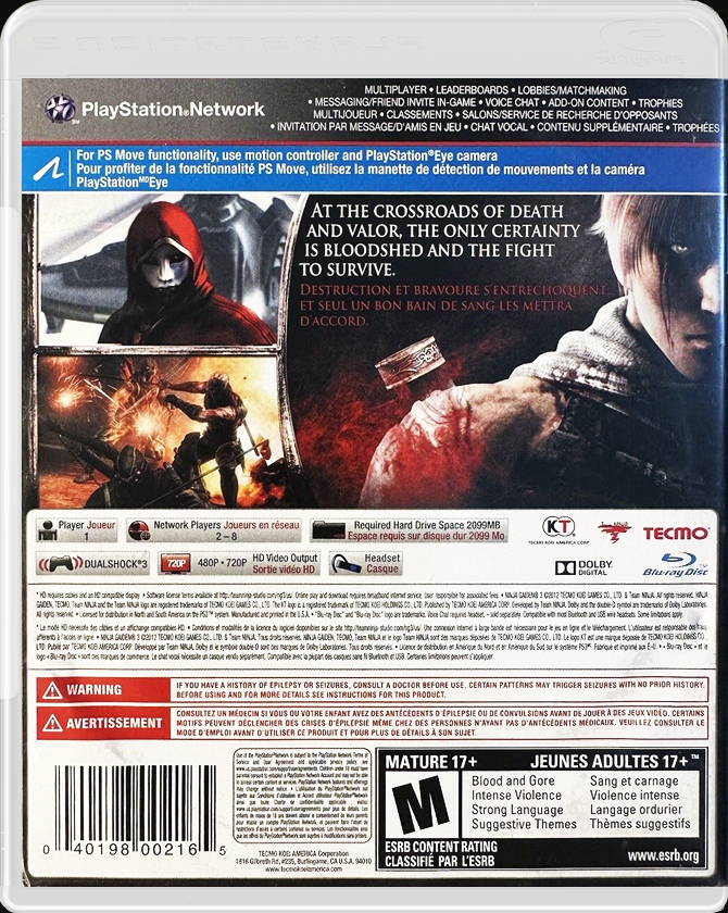 Ninja Gaiden 3 PS3 back side cover case