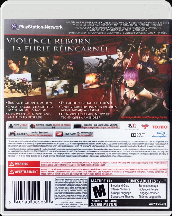 Ninja Gaiden 3: Razor's Edge PS3 back side cover case