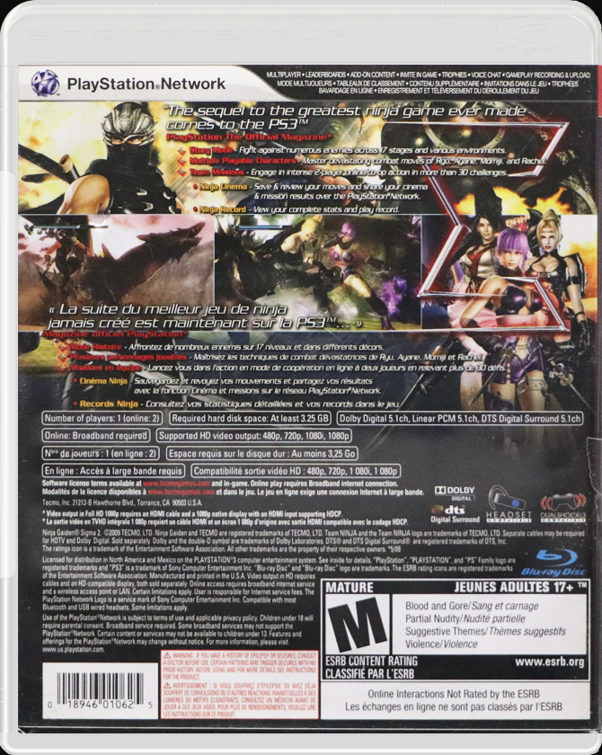 Ninja Gaiden Sigma 2 PS3 back side cover case