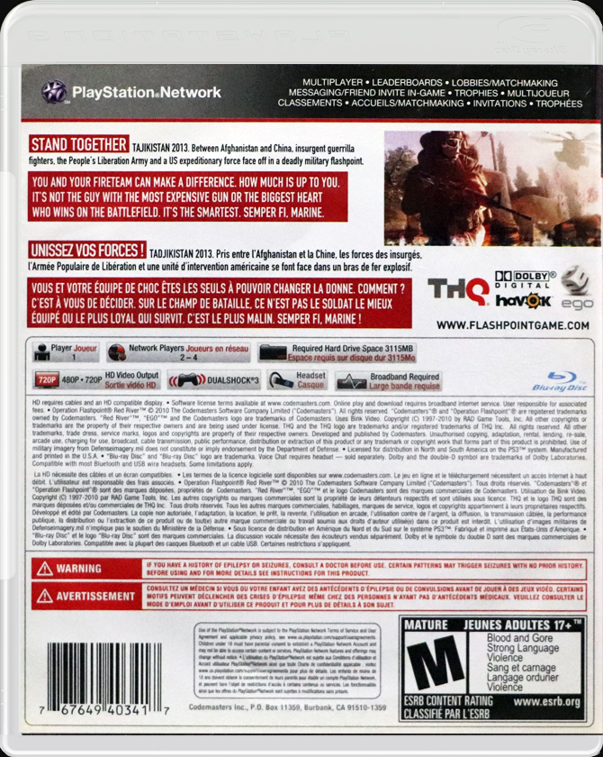 Operation Flashpoint: Red River PS3 back side cover case