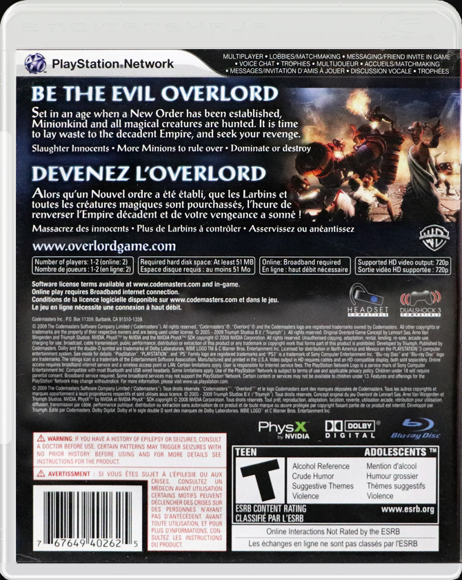 Overlord II PS3 back side cover case