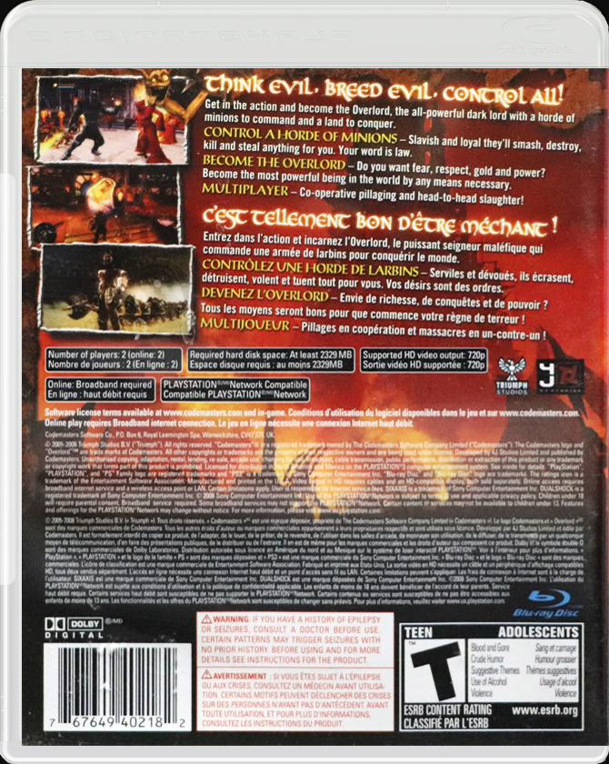 Overlord: Raising Hell PS3 back side cover case