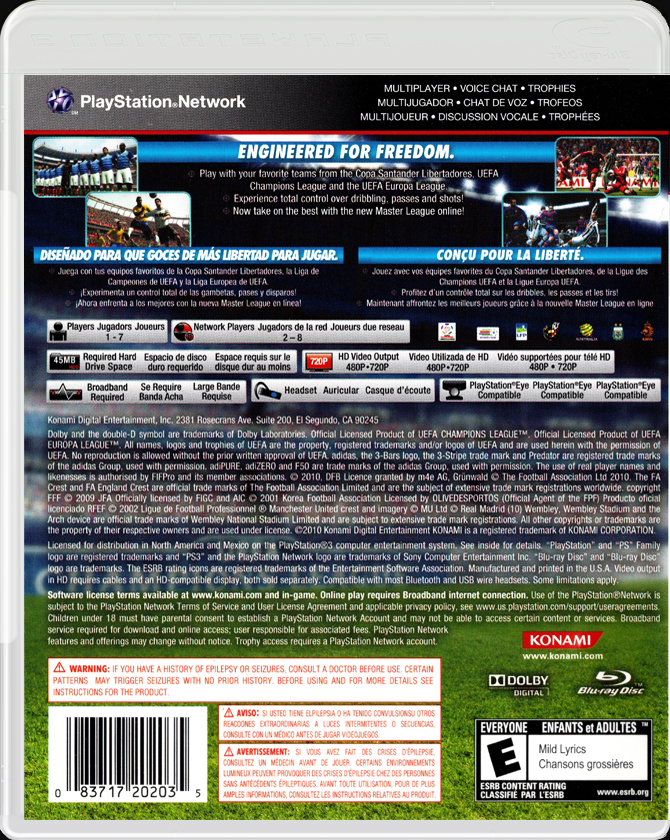 Pro Evolution Soccer 2011 PS3 back side cover case