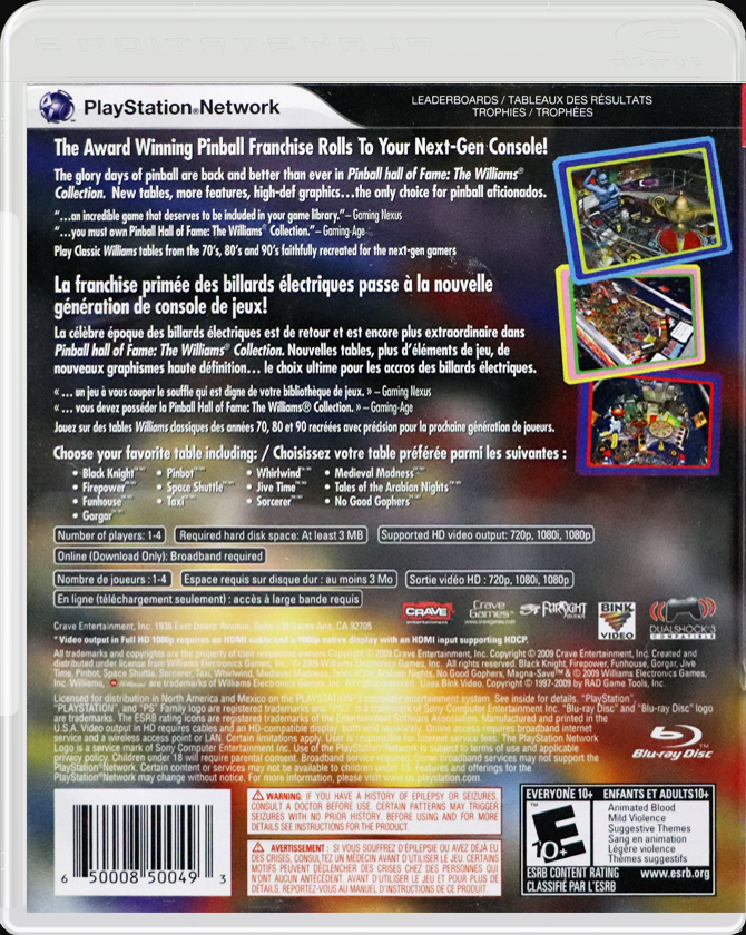 Pinball Hall of Fame The Williams Collection PS3 back side cover case