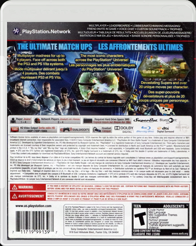 PlayStation All-Stars Battle Royale PS3 back side cover case