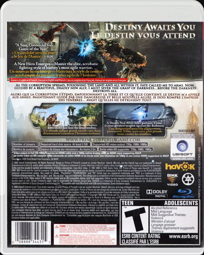 Prince of Persia PS3 back side cover case