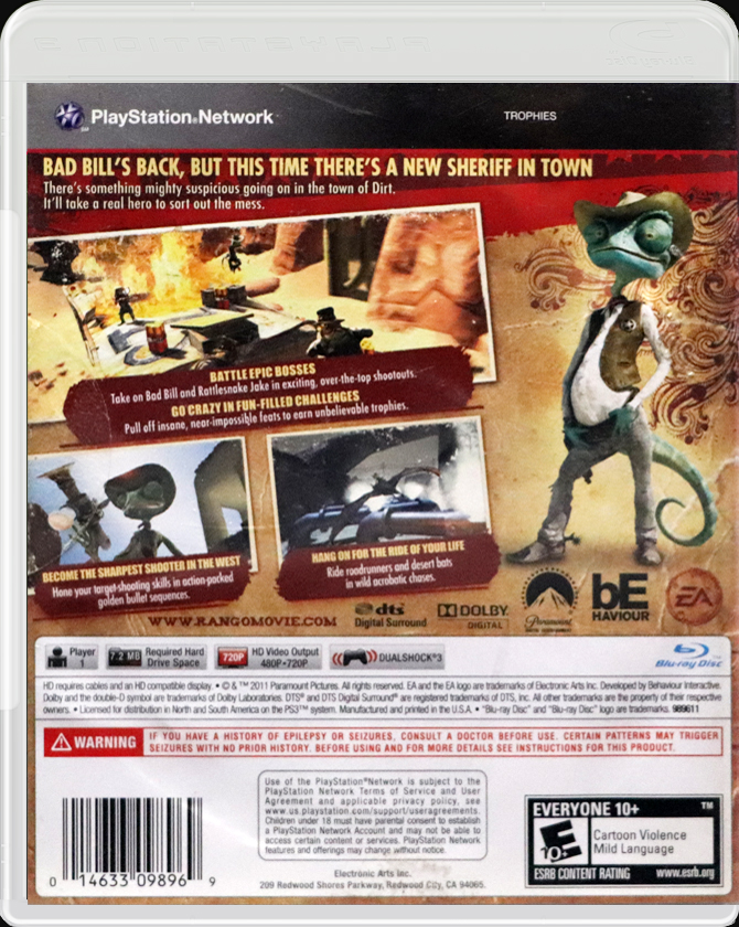 Rango Video Game PS3 back side cover case