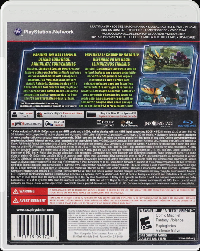 Ratchet & Clank Full Frontal Assault PS3 back side cover case