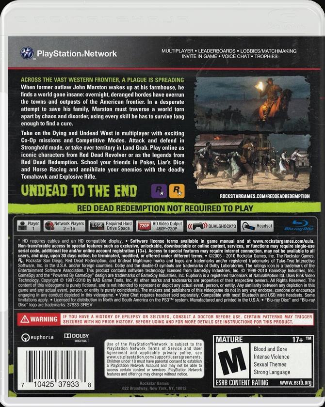 Red Dead Redemption Undead Nightmare PS3 back side cover case