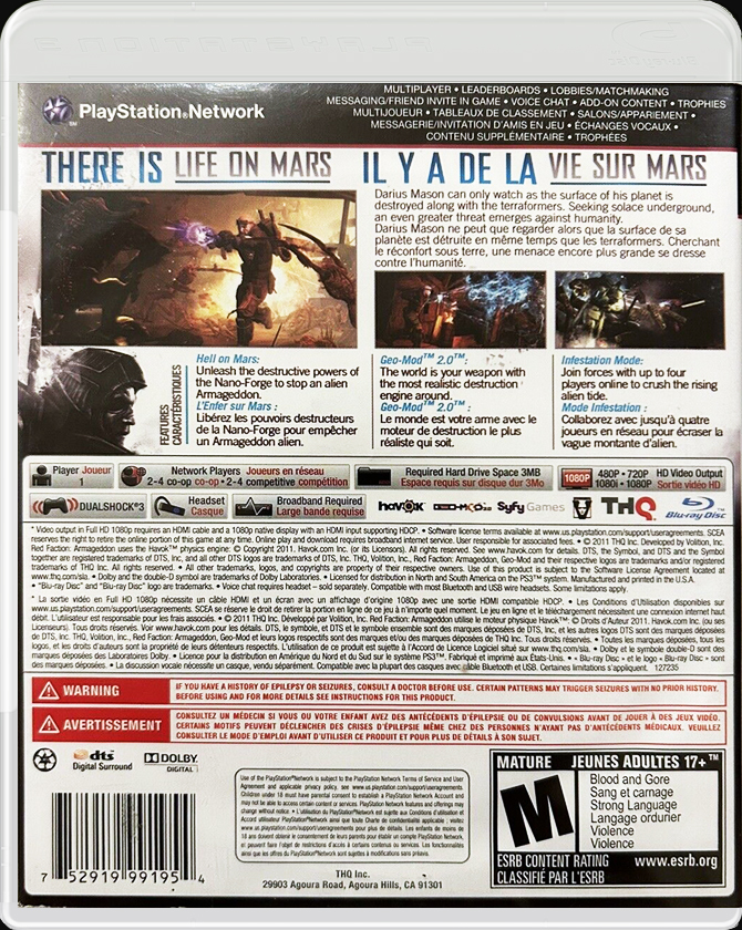 Red Faction: Armageddon PS3 back side cover case