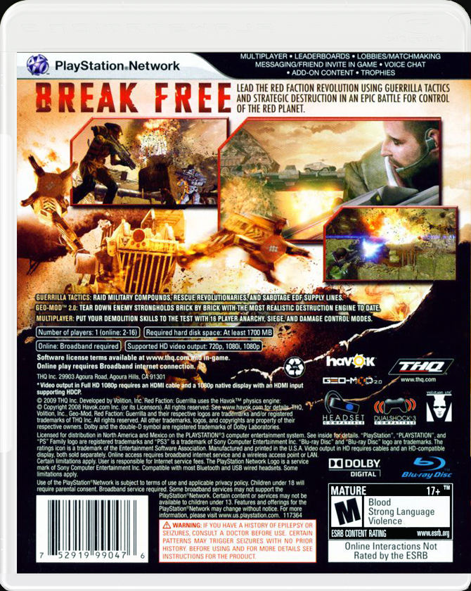 Red Faction: Guerrilla PS3 back side cover case