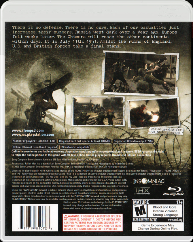 Resistance Fall of Man PS3 back side cover case