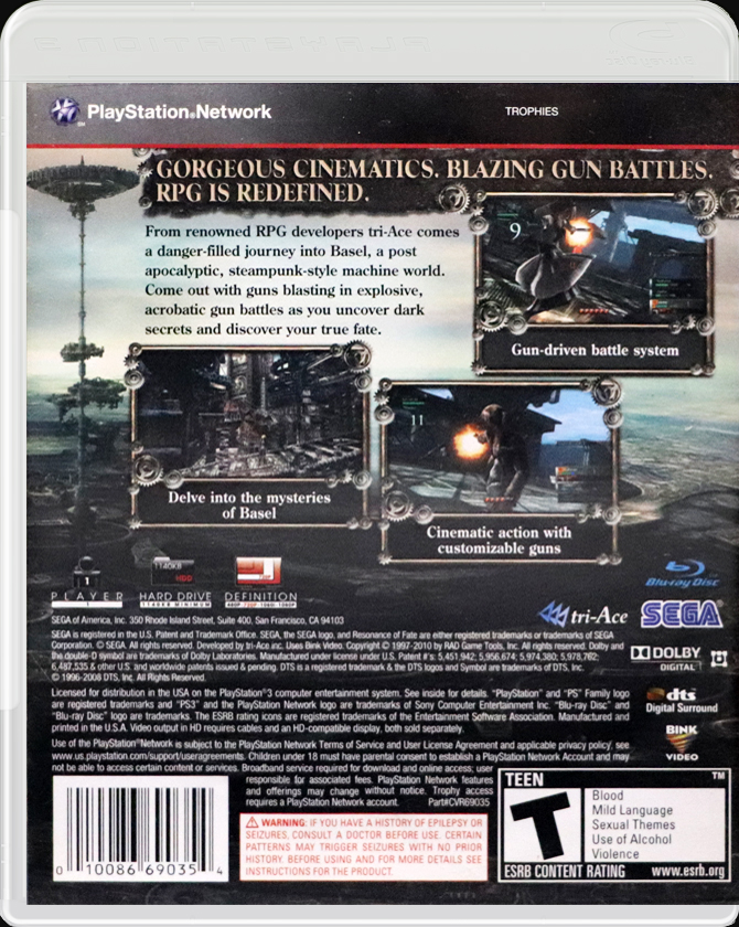 Resonance of Fate PS3 back side cover case