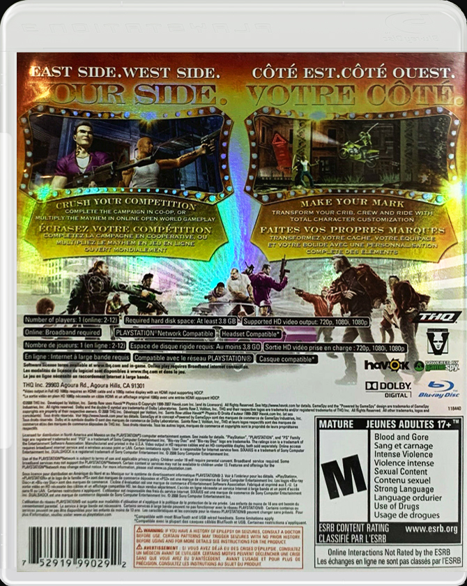 Saints Row 2 PS3 back side cover case