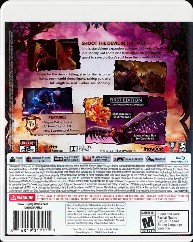 Saints Row Gat out of Hell PS3 back side cover case