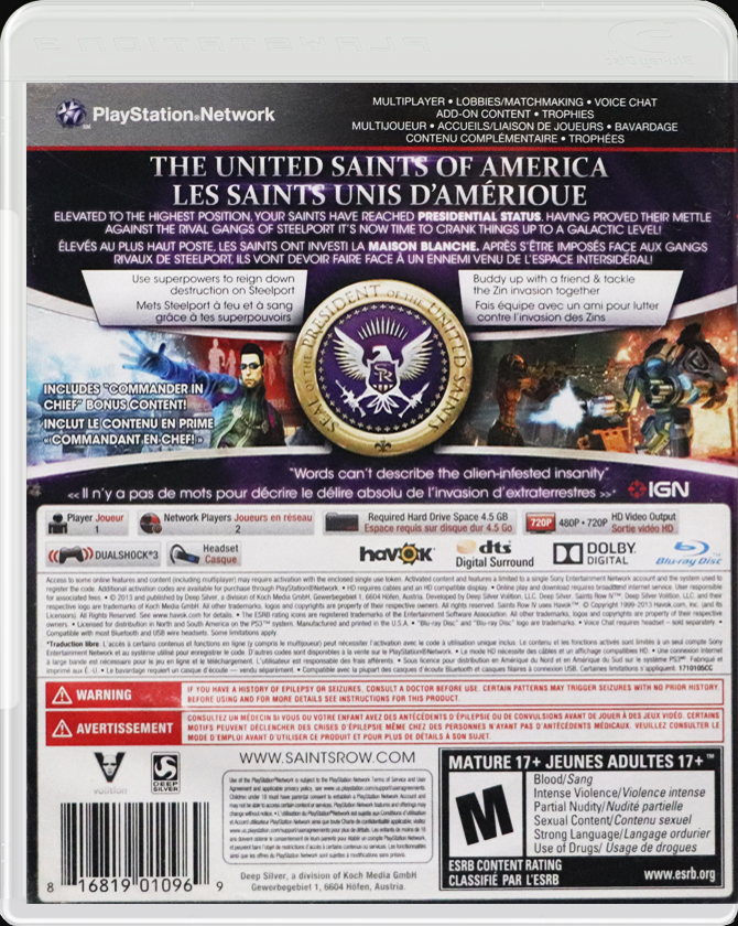 Saints Row IV Commander In Chief Edition PS3 back side cover case