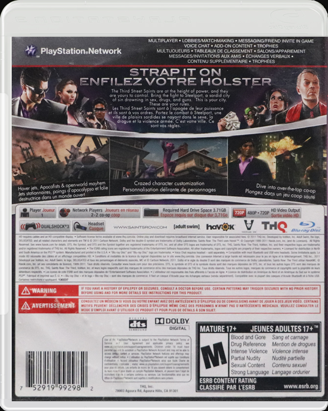 Saints Row The Third PS3 back side cover case