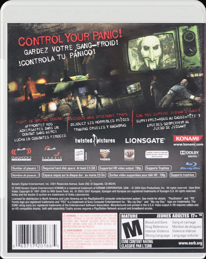 Saw: The Video Game PS3 back side cover case