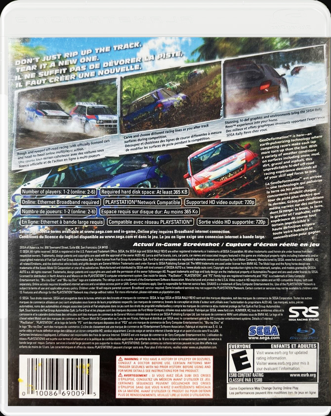 Sega Rally Revo PS3 back side cover case