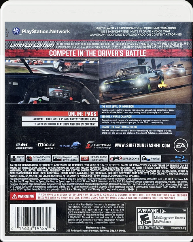 Shift 2 Unleashed PS3 back side cover case