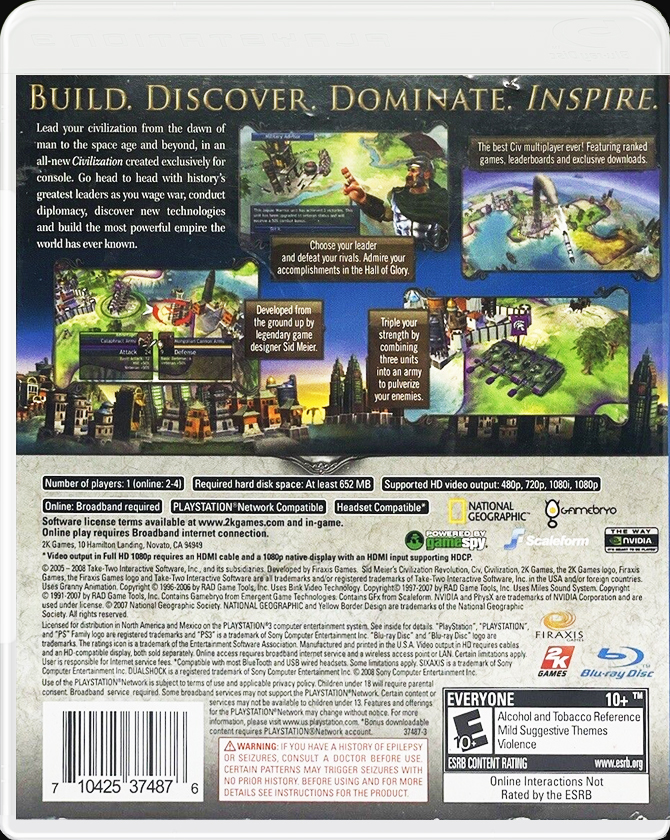 Sid Meier's Civilization Revolution PS3 back side cover case