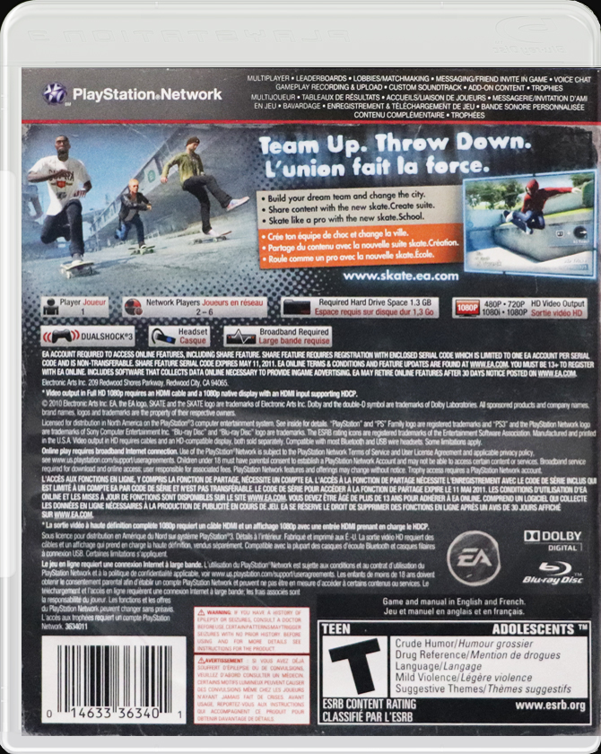 Skate 3 PS3 back side cover case